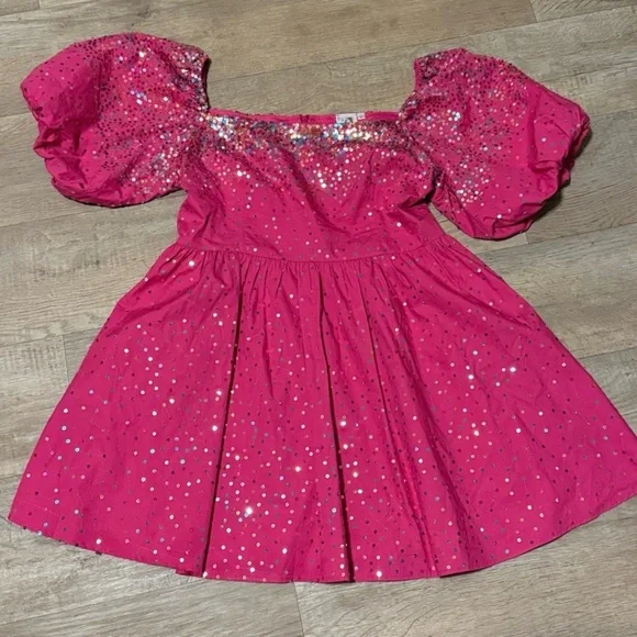 Pink Sequin Puff Sleeve Dress - Picture 1 of 10
